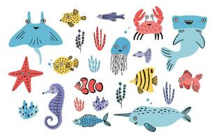 hav liv uppsättning. hand dragen alger, blåsfisk, manet, krabba, hammarhaj haj, val, sjöstjärna, haj, sjöhäst, manta stråle, narval. färgrik vektor illustration samling.
