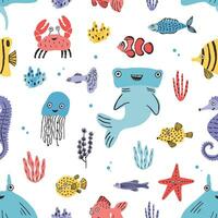 hav liv sömlös mönster. hand dragen alger, blåsfisk, puffer, krabba, hammarhaj haj, val, sjöstjärna, haj, sjöhäst, manta stråle. färgrik vektor illustration textur.