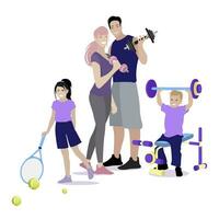 sport familj do kondition, begrepp av hälsoliv. sport far och mor med barn håller på med övning i Gym. vektor illustration. fysisk Träning till vara stark