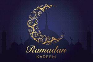 ramadan kareem hälsning kort med guld halvmåne och moské vektor