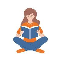 en ung kvinna är Sammanträde och läsning en bok med nöje och intressera. de flicka håller henne dagbok eller tar anteckningar. de begrepp av mental hälsa. vektor illustration