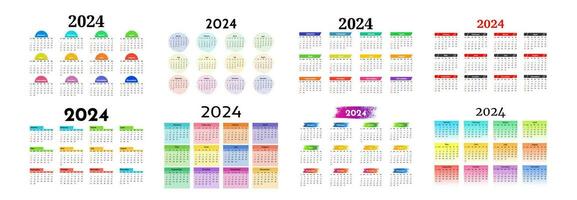 uppsättning av åtta kalendrar för 2024 isolerat på en vit bakgrund. söndag till måndag, företag mall. vektor illustration