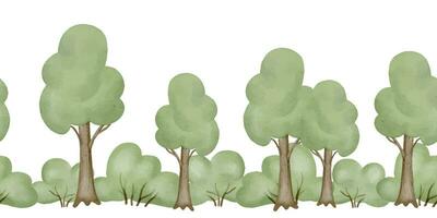 Wald Rand Aquarell Illustration. nahtlos Muster von Bäume und Gebüsch. Hand gezeichnet Rahmen Vorlage auf isoliert Hintergrund. Gemälde von Baby Karikatur Holz mit Sträucher zum Hintergrund und Stoffe vektor