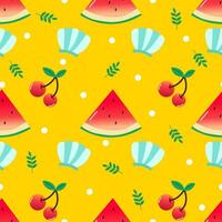 Vektor Illustration. nahtlos Sommer- Muster mit Hand gezeichnet Strand Hintergrund Elemente eine solche wie Wassermelone, Sonnenbrille, Blumen, Hut, Ananas, Wolken.