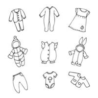 vektor uppsättning av ritningar i tecknad serie stil på en vit bakgrund. bilder av kläder för bebisar.