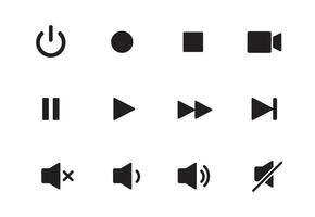 Audio, Video, Musik- Spieler Taste Symbol. Klang Kontrolle, spielen, Pause Taste solide Symbol Satz. Kamera, Medien Kontrolle, Mikrofon Schnittstelle Piktogramm. Vektor