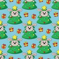sömlös mönster med kanin i kostym jul träd vektor
