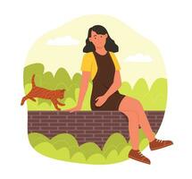 Teenager Mädchen Sitzung auf ein Backstein Mauer und spielen mit ein Katze im Garten vektor