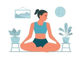kvinna som utövar yoga meditation hemma vektor