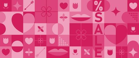 abstrakt geometrisk valentines dag baner för reklam. ikoner med symboler av kärlek, hjärta, gåva, mun, blomma. trendig design för baner, bakgrund, tapet, omslag, erbjudande vektor