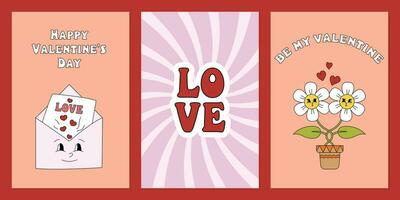 Lycklig valentines dag hälsning kort. vertikal banderoller eller flygblad med trendig retro stil typografi. vektor platt illustration