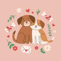 zwei süß Hunde im Liebe Sitzung zusammen. romantisch Hündchen Paar im Rahmen von Blumen, Zweige, Herzen und Knochen. Vektor eben Illustration zum Valentinsgrüße Tag Poster, Banner, Gruß Karte