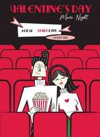 Valentinstag Tag Film Nacht Einladung, Poster. 60er Jahre - - 70er Jahre Stil Valentinstag Tag Vektor Illustration von Paar im Liebe auf ein Datum im Kino Essen Popcorn.