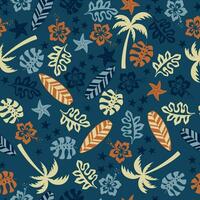 sommar sömlös mönster. palmer, blommor, löv, surfingbrädor och sjöstjärna vektor
