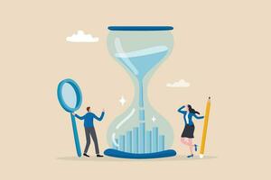 tid förvaltning eller anställd tidrapport analys, tid spårning effektivitet eller produktivitet, arbetssätt timme eller projekt schema begrepp, företag människor projekt chef analysera tid Graf i timglas. vektor