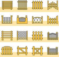 vektor illustration uppsättning av annorlunda staket linje stil vit och gul Färg. Port, staket, dörr ingång, sluta tecken.