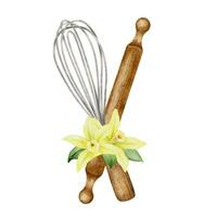 hölzern Schneebesen und rollen Stift. Küche Utensilien mit Gelb Vanille Blumen. Küche Utensilien. Aquarell Illustration. isoliert. Design Element zum Kochbuch, Menüs, Rezept, Essen Etikett, Verpackung vektor