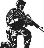 Kampf Wachsamkeit schwarz Logo Symbol von ein bewaffnet Soldat Krieger Stärke Vektor Soldat Emblem im schwarz