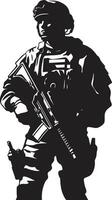bekämpa vaksamhet svart logotyp ikon av ett väpnad soldat krigare styrka vektor arméman emblem i svart