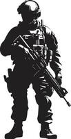 Schlacht bereit Wachsamkeit schwarz Soldat Design Defensive Krieger bewaffnet Mann Emblem vektor