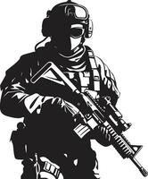strategisch Wachsamkeit Vektor schwarz Soldat Symbol militant Präzision bewaffnet Kräfte Emblem Design