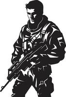 Kampf bereit Wächter bewaffnet Soldat Emblem im schwarz taktisch Verteidiger Soldat Vektor Logo Symbol Design