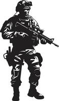 Kampf Präzision Vektor bewaffnet Kräfte Logo Verteidiger s Entschlossenheit bewaffnet Mann schwarz Emblem