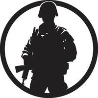 Schlacht bereit Wächter schwarz Logo von ein bewaffnet Krieger strategisch Wachsamkeit Vektor schwarz Soldat Symbol