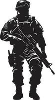 strategisk väktare väpnad soldat emblem design defensiv tapperhet svart logotyp ikon av ett arméman vektor