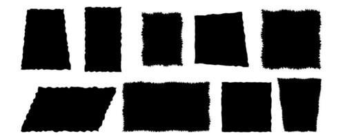 ojämn rektanglar samling. uppsättning av svart grunge element, former med ojämn kanter. trasig papper bitar för collage, text låda, baner, klistermärke. vektor. vektor illustration