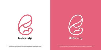 Mutter Kind Geburt Logo Design Illustration. Linie Kunst Silhouetten von weiblich zahlen Mama Elternteil Mama glücklich Familie Freude Zuneigung weich. Symbol Symbol einfach minimal warm Ruhe sanft mütterlicherseits zart Art. vektor