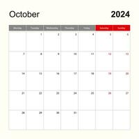 Mauer Kalender Vorlage zum Oktober 2024. Urlaub und Veranstaltung Planer, Woche beginnt auf Montag. vektor