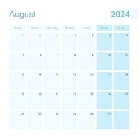 2024 August Mauer Planer im Blau Pastell- Farbe, Woche beginnt auf Montag. vektor