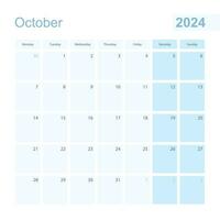2024 Oktober Mauer Planer im Blau Pastell- Farbe, Woche beginnt auf Montag. vektor