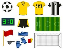fotboll eller europeisk fotboll platt ikoner uppsättning. enhetlig, boll, fotboll mål, fotboll fält, skor och handskar isolerat på vit bakgrund. turnering vektor illustration