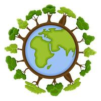 Ökologie Konzept mit Grün Öko Erde und Bäume. Karikatur Erde Planet Globus mit Umgebung Elemente um. Öko freundlich Vektor Illustration.