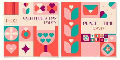 glücklich Valentinstag Tag geometrisch abstrakt Party Einladung. Mosaik Karten drucken mit Herzen, Vögel, Pflanzen und einfach Formen im ein modisch Stil vektor