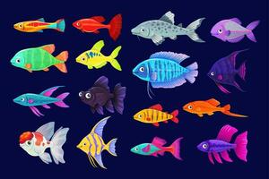 tecknad serie akvarium fiskar, vektor exotisk fiskar uppsättning