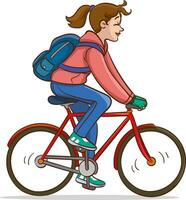 vektor illustration av en ung kvinna ridning en cykel med en ryggsäck