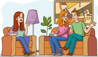 vektor illustration av en par Sammanträde på soffa och talande till en psykolog