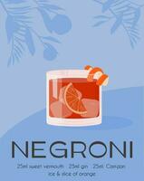 samtida affisch av negroni cocktail med orange skiva och citrus- skal. klassisk italiensk alkoholhaltig dryck recept. dryck i gammal fashioned glas med is. trendig retro plakat. vektor illustration.