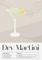 torr Martini cocktail i glas med is och citron- vrida. sommar aperitif recept retro elegant affisch. skriva ut med alkoholhaltig dryck dekorerad med citron- vrida och oliv träd på bakgrund. vektor. vektor