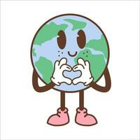 Erde Charakter im modisch retro Karikatur Stil. komisch Globus Symbol mit lächelnd Gesicht und Herz Hand Geste. Jahrgang Planet Maskottchen Aufkleber. Umwelt Öko Konzept. Vektor Illustration.
