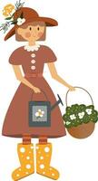 Gartenarbeit Frau im retro Kleid mit Korb von Blumen vektor