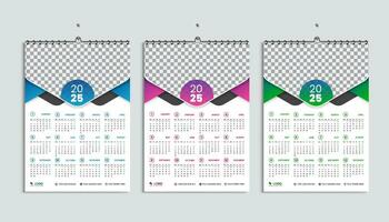 vägg kalender 2025 design mall, vecka börjar måndag, rena, elegant mall schema planerare, abstrakt grön, orange, blå lutning Färg lyx begrepp, lämplig för Hem skola, högskola kontor vektor