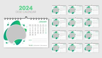 Reise Schreibtisch Kalender 2024 Planer und korporativ Design Vorlage Satz, jährlich Kalender 2024 zum 12 Monate, Woche beginnt Montag, abstrakt Grün Gradient Farbe gestalten mit Vektor Layout, Drucken, und Karte