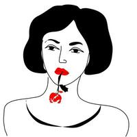 Hand gezeichnet Vektor Illustration von ein schwarzhaarig Frau mit rot Lippen und ein Rose im ihr Mund