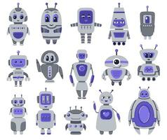 Roboter Zeichen Satz. Chatbots, ai Bots Maskottchen, Digital Cyborgs, futuristisch Technologie Service. Kommunikation künstlich Intelligenz. Vektor Illustration im Karikatur Gekritzel Stil