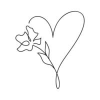 hand dragen kärlek hjärta med blomma monoline vektor logotyp ett konst linje illustration. svart översikt. element för valentine dag baner, vår affisch, hälsning kort