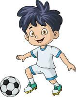 süß wenig Junge Karikatur spielen Fußball vektor
